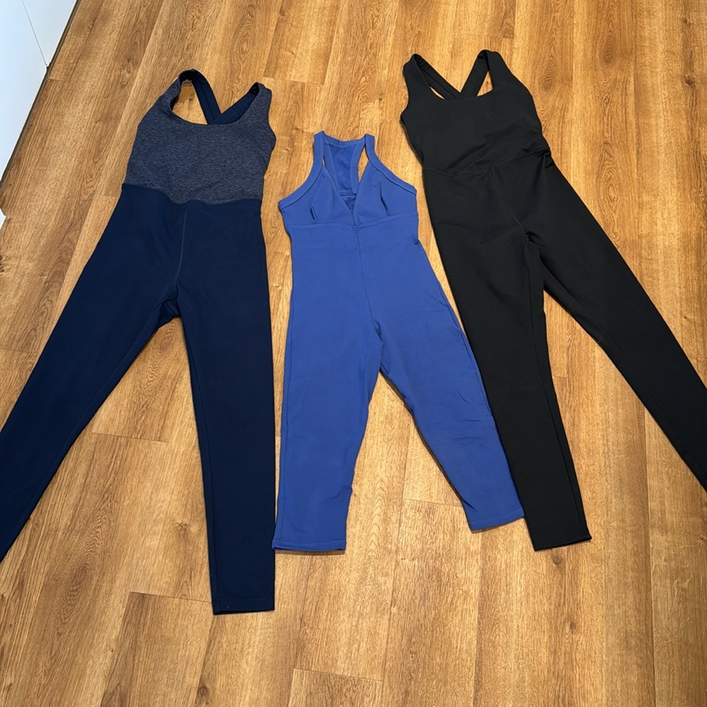 Bundle of three jumpsuits black blue heathered blue size XS like new
